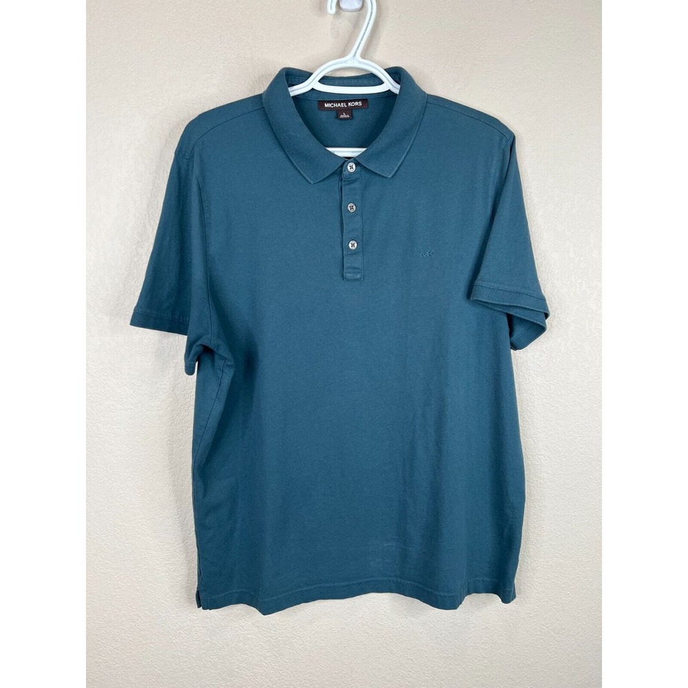 Michael Kors Mens Polo Shirt Size Large L Teal Blue Short Sleeve Collared Casual